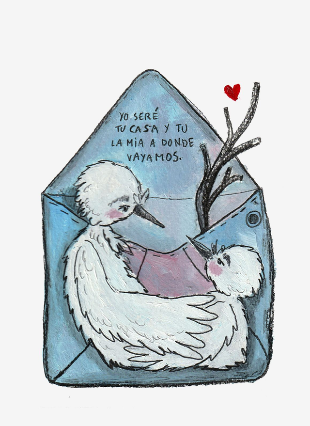 Set de 4 postales migrantes azul y rojo.