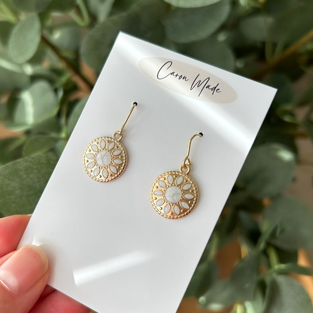 Gold and white floral boho style earrings