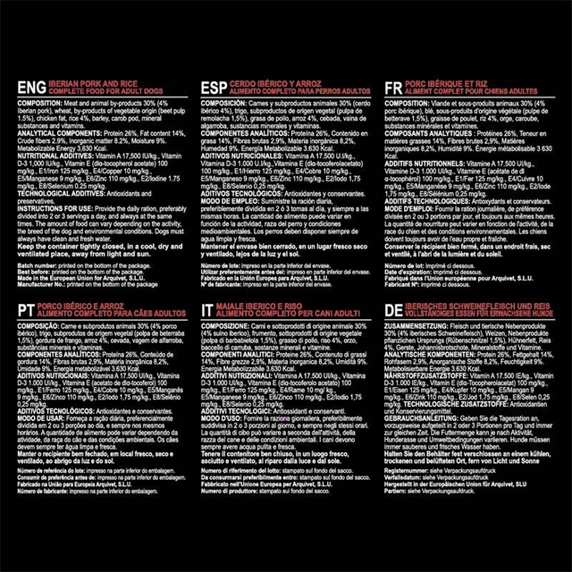 Croquettes pour chiens adultes - Porc Ibérique et riz - 12 kg - Arquivet / ARQ1141