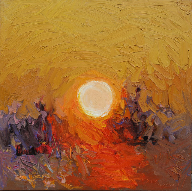 „Im Flammenlicht des Abends“ Öl auf Leinwand, 80×80 cm. 2025