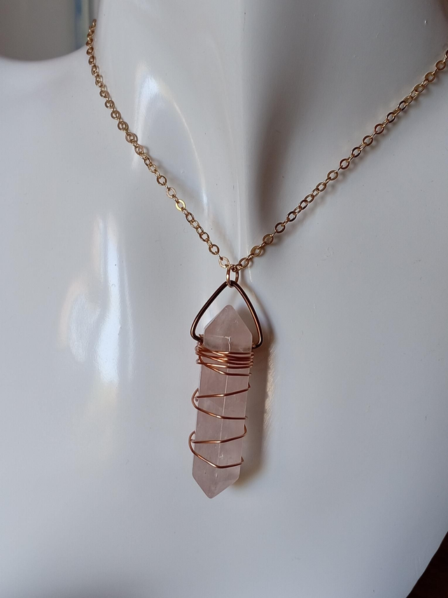 Copper Wrapped Rose Quartz Gold Necklace 