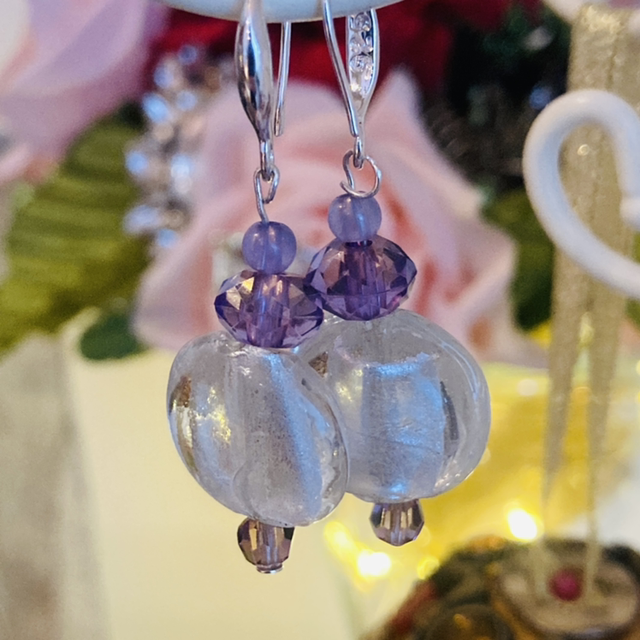 Silver 925 Fish Hook Earrings with Lilac and Large White Murano Glass Lampwork Beads 