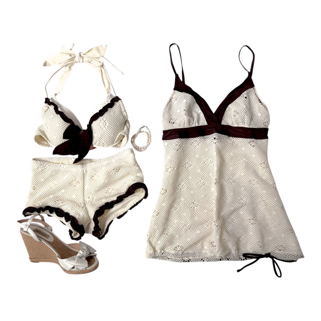 BNWT coquette brown cream crochet japanese 3 piece bikini set