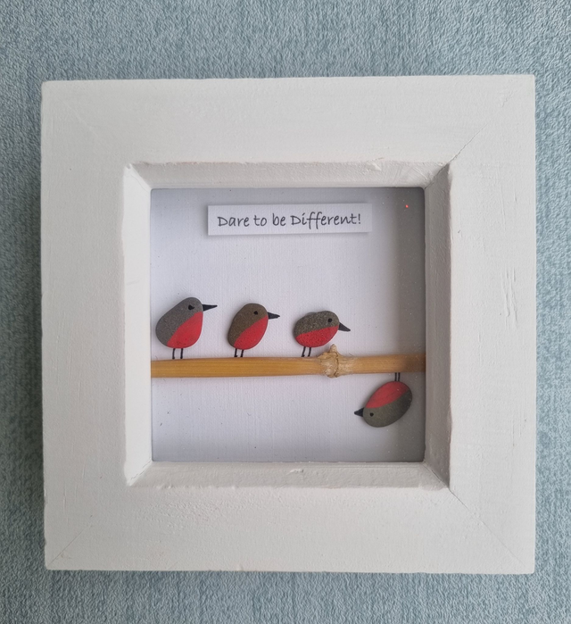 Irish, Handcrafted Pebble Art Picture with Robins &#039;Dare to be Different&#039;