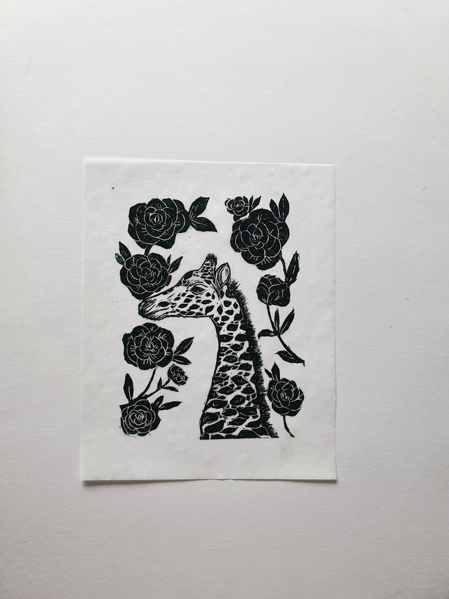 Giraffe linocut print in sap green