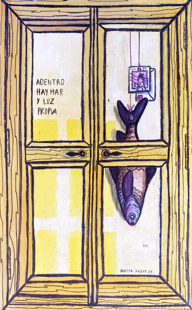 Postal ventana amarilla y pescado