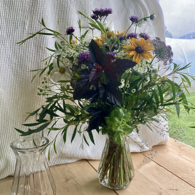 Funky glass vase filled with lovingly arranged Fresh Kerry Flowers 