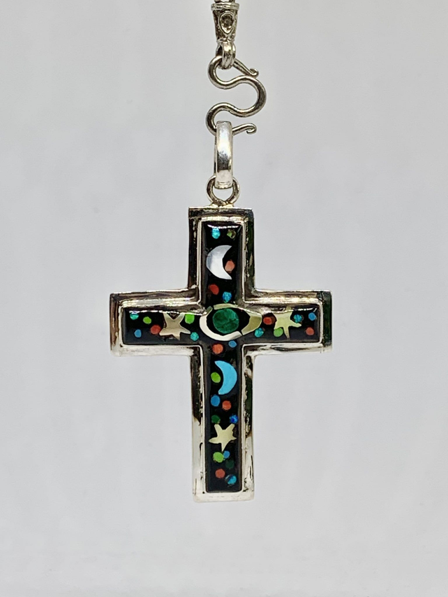 Pendentif Galaxy Moon Cross argent massif 925 et pierres naturelles 
