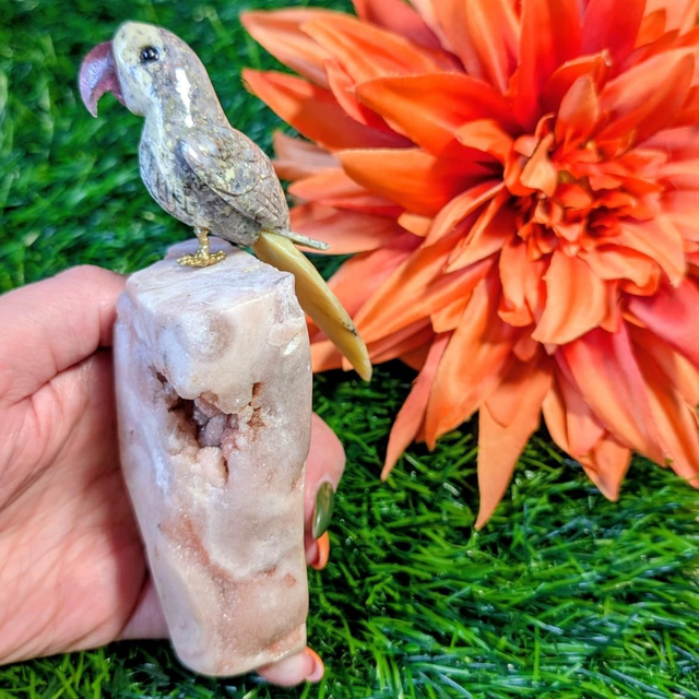 Green Jasper Bird on Pink Amethyst Base