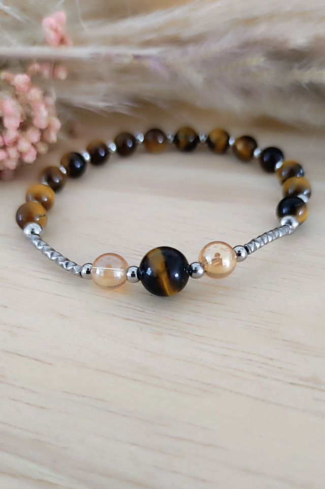 Bracelet "Force et Courage" Oeil de tigre et Cristal de roche Aqua aura