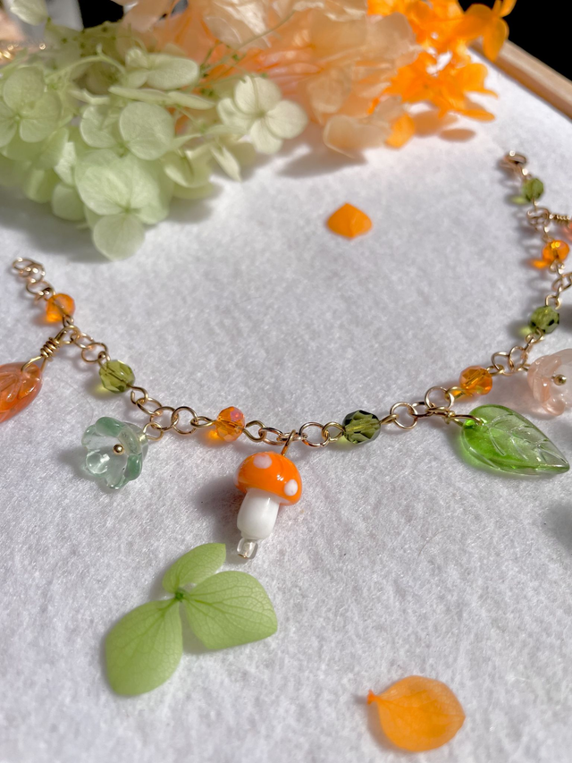 Bracelet " Feuilles et Champignons" - Orange et Vert