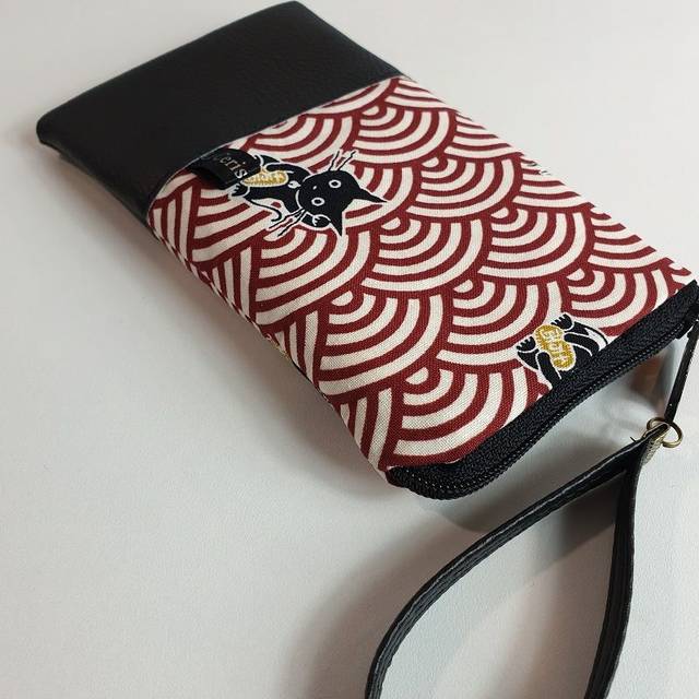 Etui zippé pour smartphone "Maneki" rouge & simili cuir noir