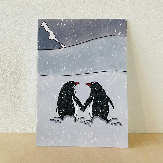 Ansichtkaart pinguïns in de sneeuw, 10 x 15 cm