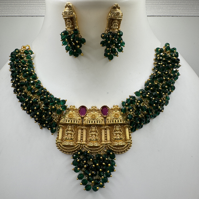 Green swaroski crystal necklace with Lakshmi pendant