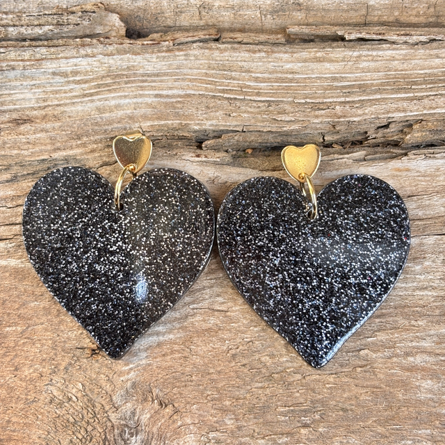 Boucles d’oreilles cœur pailleté noir - GM