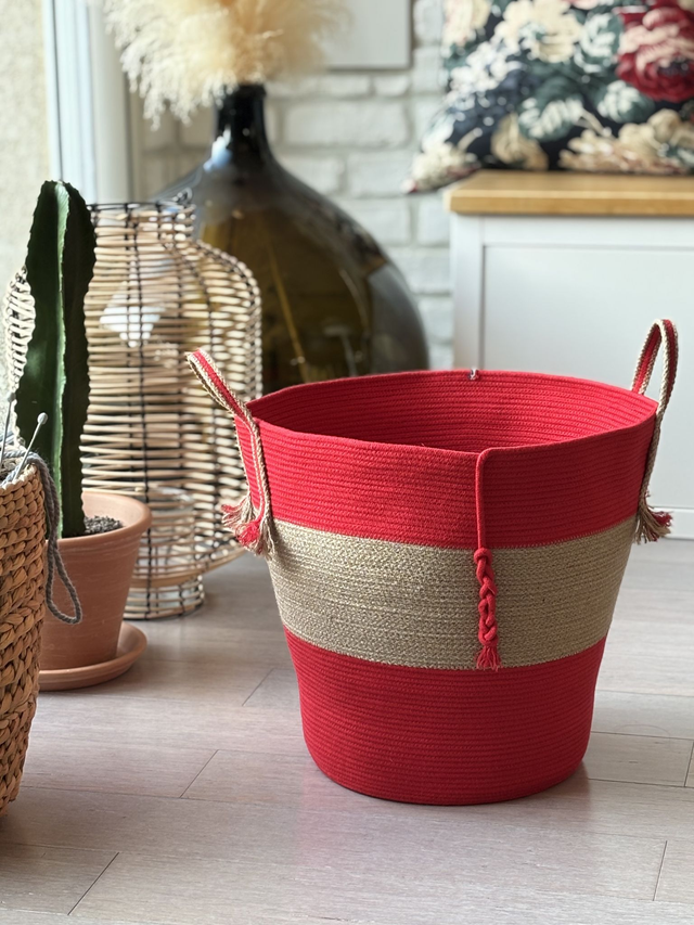 Panier de rangement décoratif tresse jute &amp; coton rouge