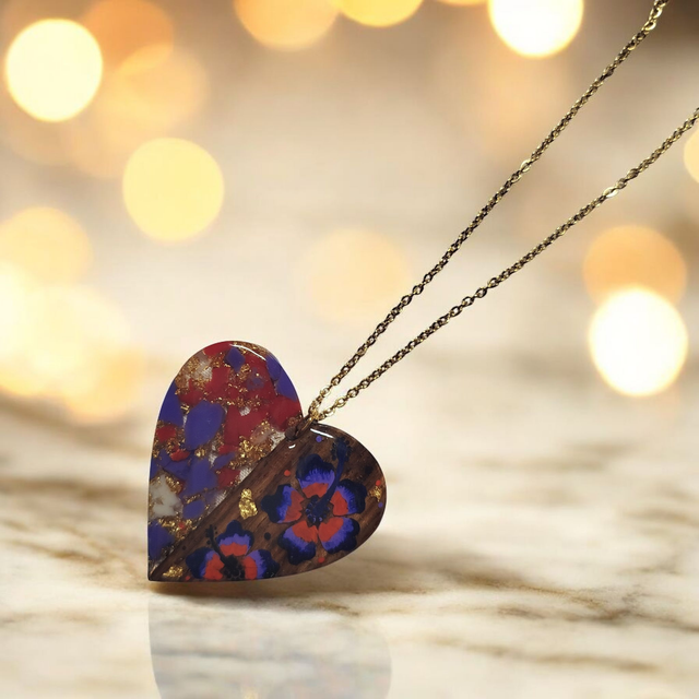 Collier dessiné Flora acier inoxydable rouge et violet bi matière