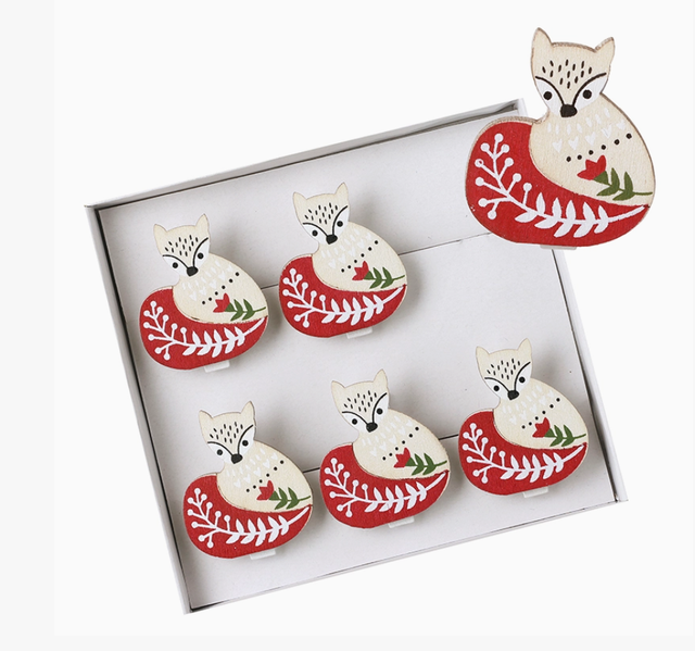 Christmas -Set of 6 Wooden Fox Clip 
