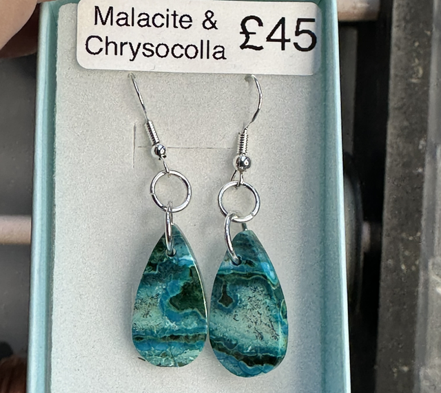 Malachite &amp; Chrysocolla 925 silver hooked earrings 