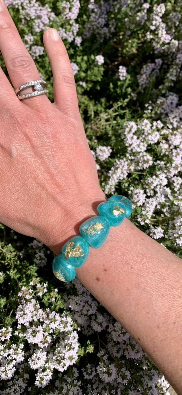 Bracelet Galets - Turquoise et Feuilles d&#039;Or