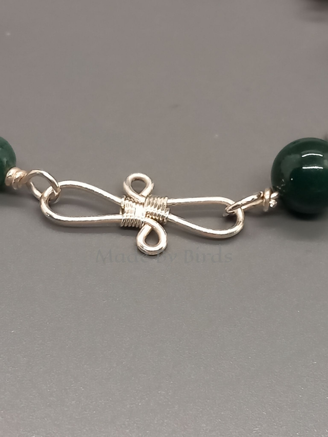Moss Agate Bead & Sterling Silver Wire Scroll Style Weave Bracelet