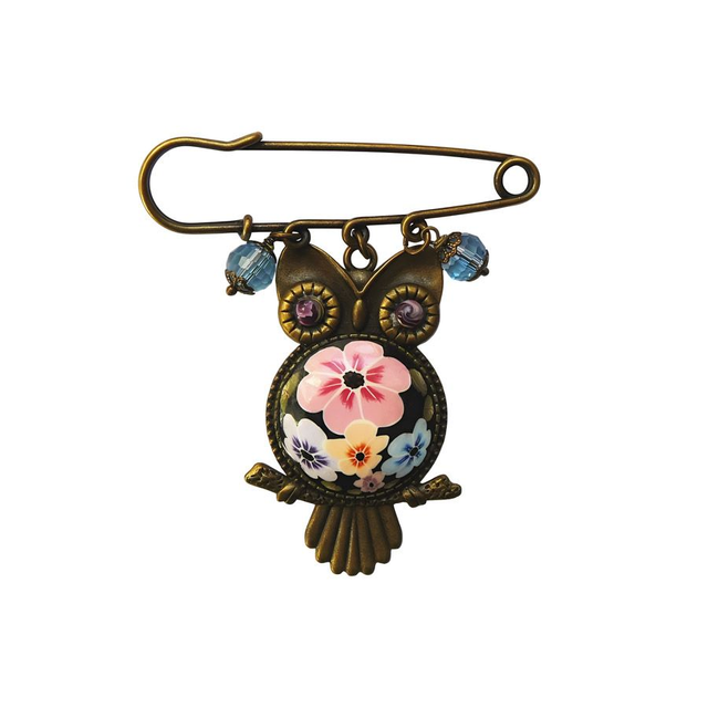 Broche épingle hibou fleurs rose orange