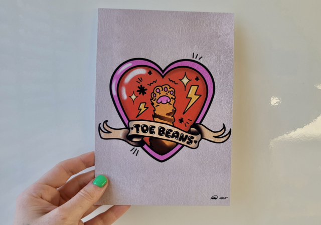 ‘Toe Beans’ A5 Art Print - Tattoo-Inspired Cat Paw in Heart & Scroll Design