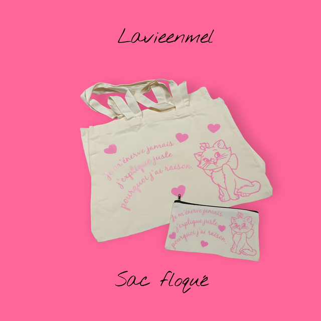 Sac cabas avec trousse floqué chat