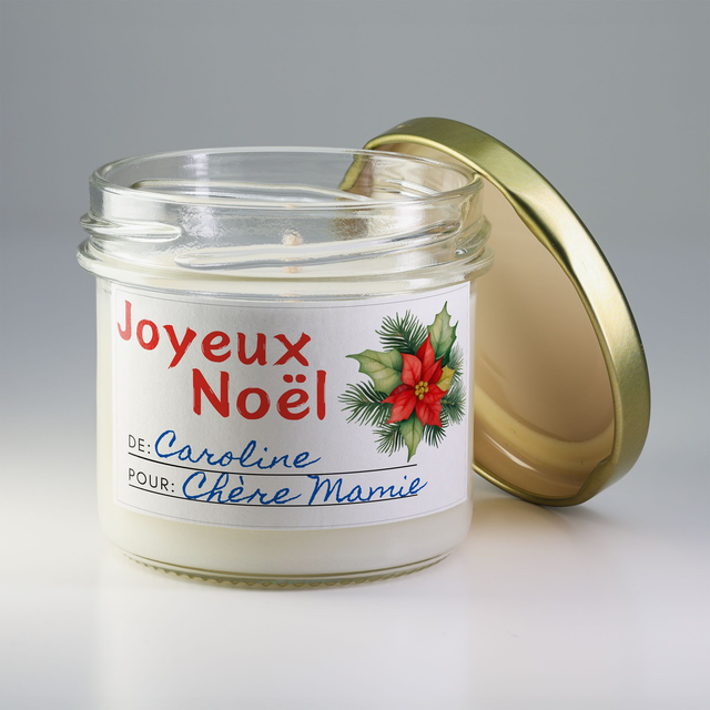 Bougie artisanale parfumée en cire de soja avec étiquette personnalisée - Cadeau pour Noël, Nouvel An, Fêtes de fin d'année, 100g (CJN09)