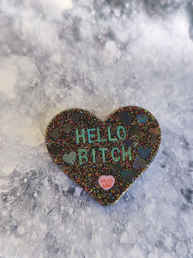 Broche cœur à paillettes - message : HELLO BITCH