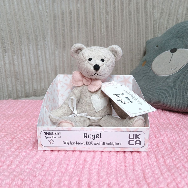 Angel. Small size, handmade teddy bear. UKCA. Tray base packaging. Standard Wool Felt. Beige. Pink. White.