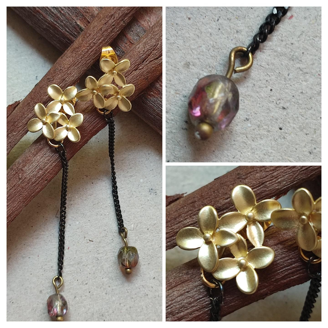Boucles d'oreilles fleurs et verre aux reflets mordorés, chaîne noire sans nickel, pièce unique 
