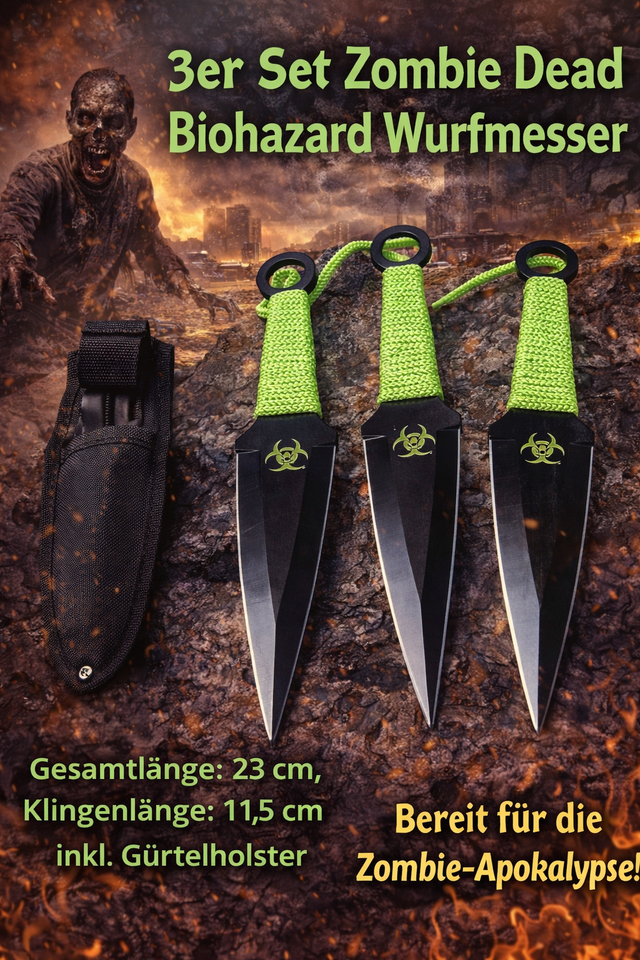 NEU Wurfmesser Kunai 3er Set schwarz-grüne Messer mit Cordura Holster für Sammler Sport Wurfsport Zombie Dead Biohazard Film Movie Fans