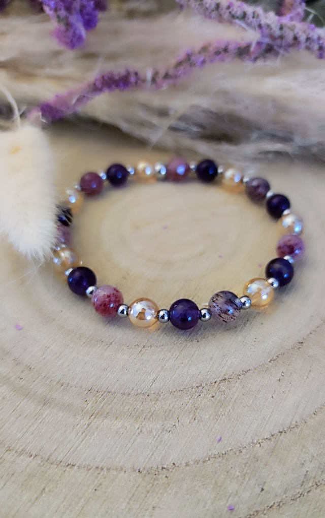 Bracelet "Épanouissement et Stress" Quartz fraise et Améthyste