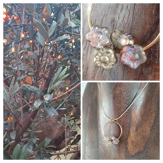 Z-Collier fleurs or&amp; violine en verre monté sur fil de lin avec chaîne d&#039;extension en acier inoxydable doré 