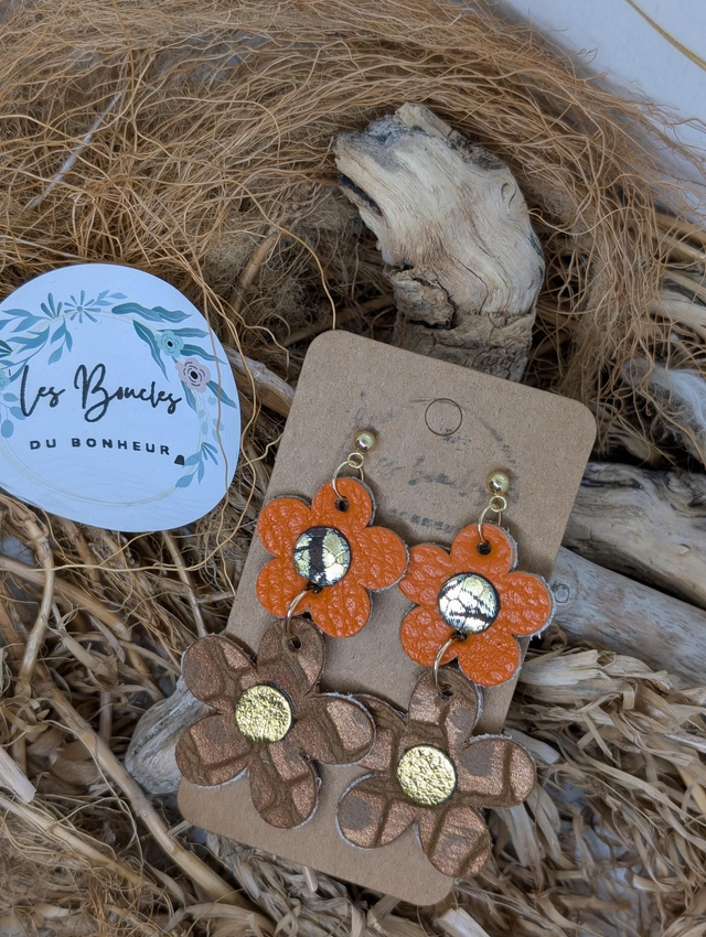 Boucles d&#039;oreilles Marguerite m1096 marron cuivré orange terracotta 