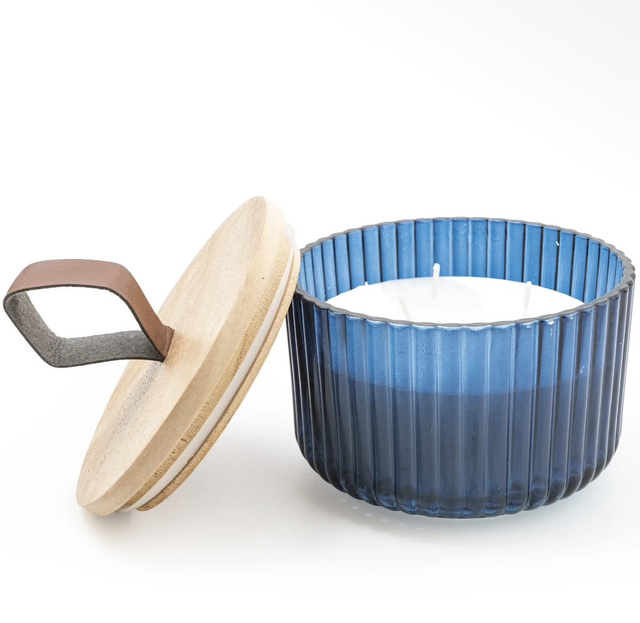 Candlelight - Ridged Glass Jar with Wooden Lid Midnight Blue Pomegranate Scent 9cm