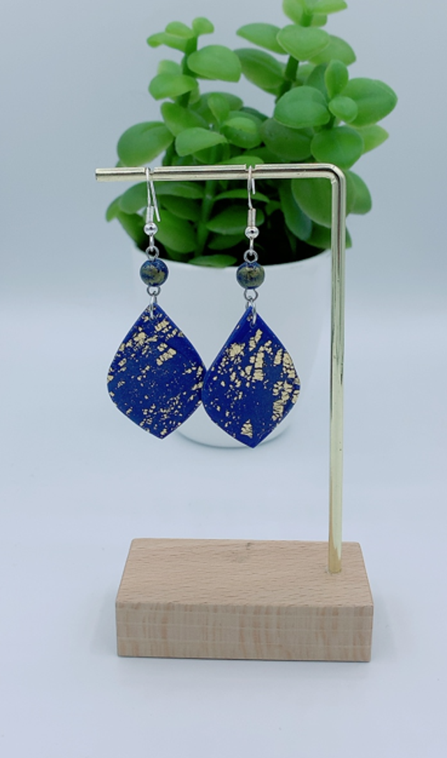 Boucles d'Oreilles Bleu et Feuille d'or