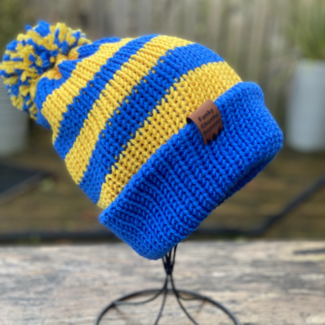 Funky Chunky Beanies Bobble Hat – Bluebell Blaze – Handmade in Scotland