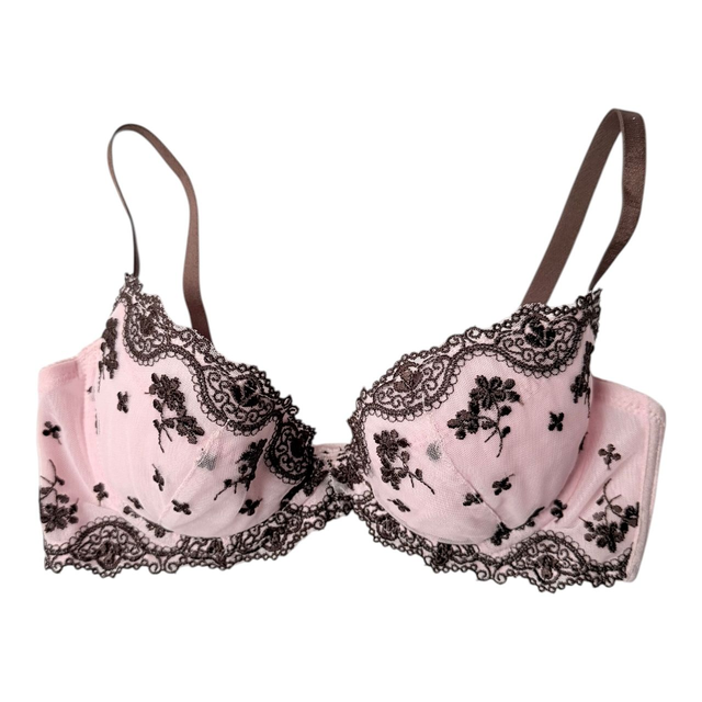 Pink + brown embroidered Japanese Bra UK 32B, 32C 
