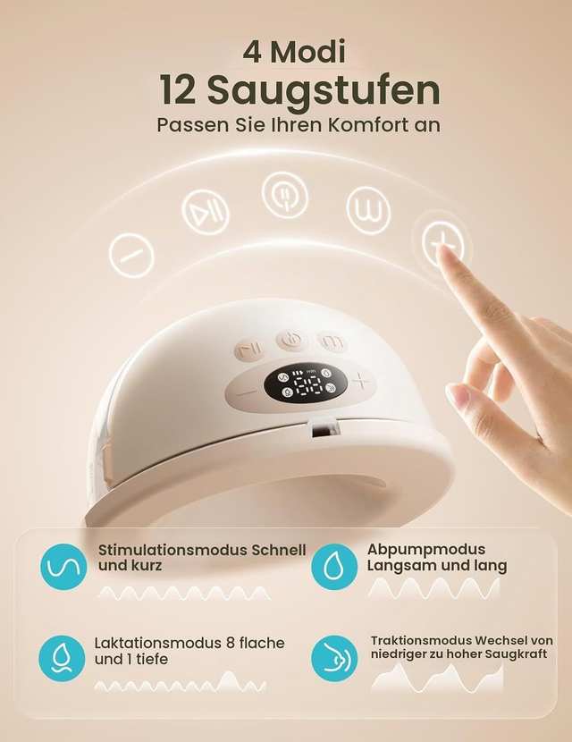 Paruu P16-A, tragbare elektrische Milchpumpe mit 4 Modi und 12 Stufen, starke Saugkraft (2er Pack, Nude)