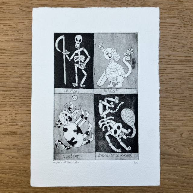 « La Mort, Maggy, Norbert et le squelette de Norbert » - gravure sur cuivre 