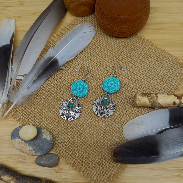 Boucles d&#039;oreille vert d&#039;eau et argenté - Collection Ethnique