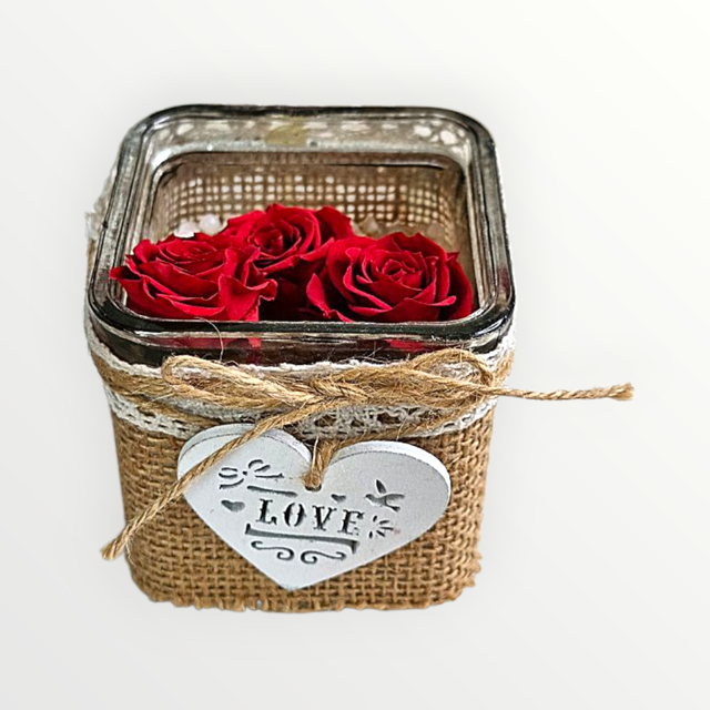 3 Mini rose dans son pot en verre et toile de jute 