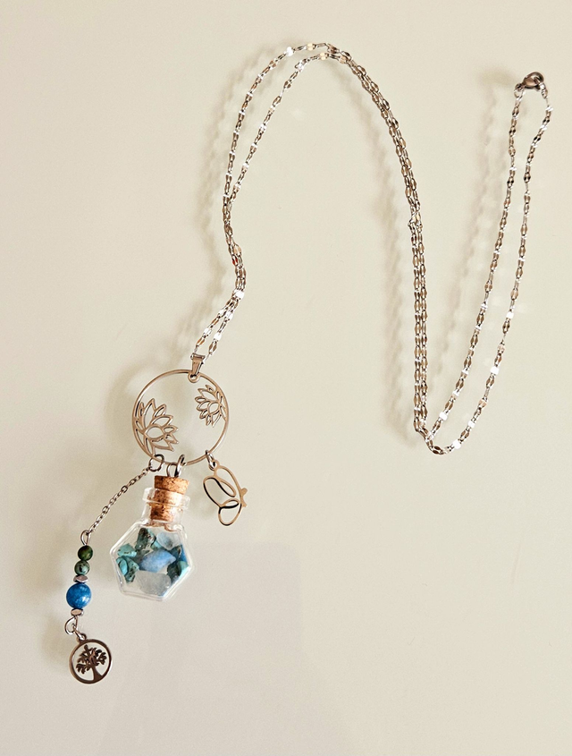 Sautoir Argenté Talisman Mystique "RENAISSANCE " - Apatite, Aigue Marine &amp; Turquoise