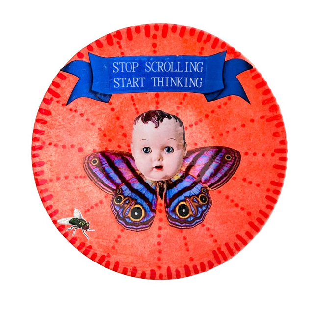 Neon Peach Upcycled Trinket Dish - "Stop Scrolling Start Thinking" by House of Frisson