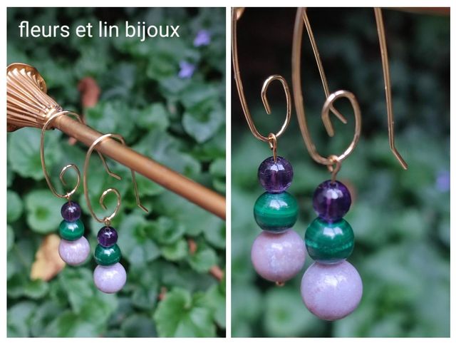 Boucles d&#039;oreilles en malachite &amp; lepidolite &amp; agate violette (pierres naturelles)-sans nickel -piece unique 