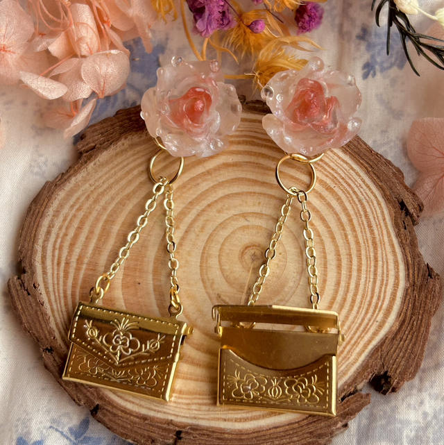 Dew Drop Roses and Love Letter Earrings - Pink and Gold - Valentine’s Day Collection