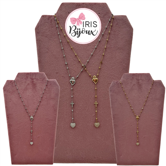 Collana rosario con cuore sacro e cuore pavé