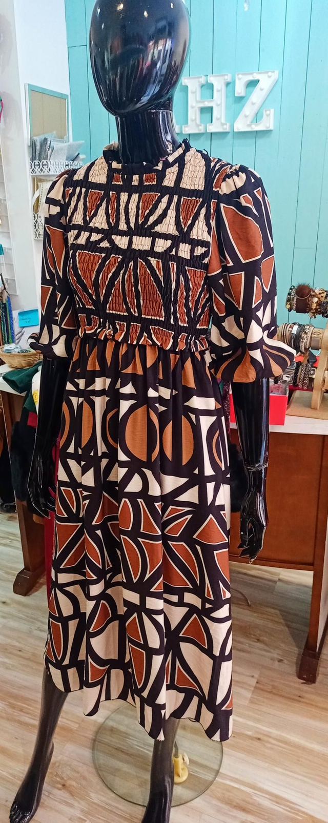 Vestido estampado granate y beige